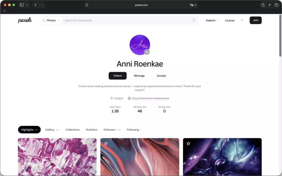 Screenshot der Website von Anni Roenkae auf Pexels.