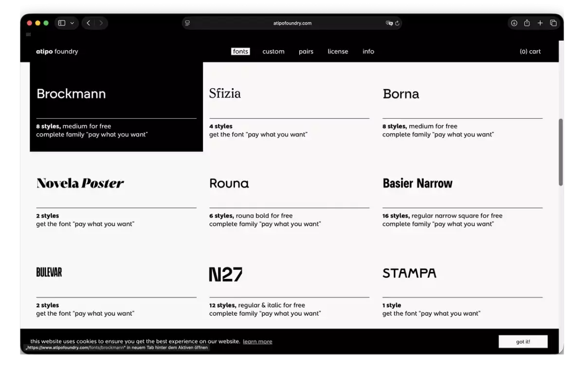 Screenshot der Produktwebseite zu atipo foundry.