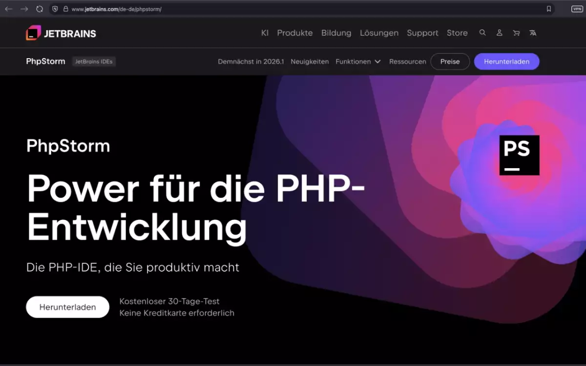 Screenshot der Produktwebseite zu PhpStorm.