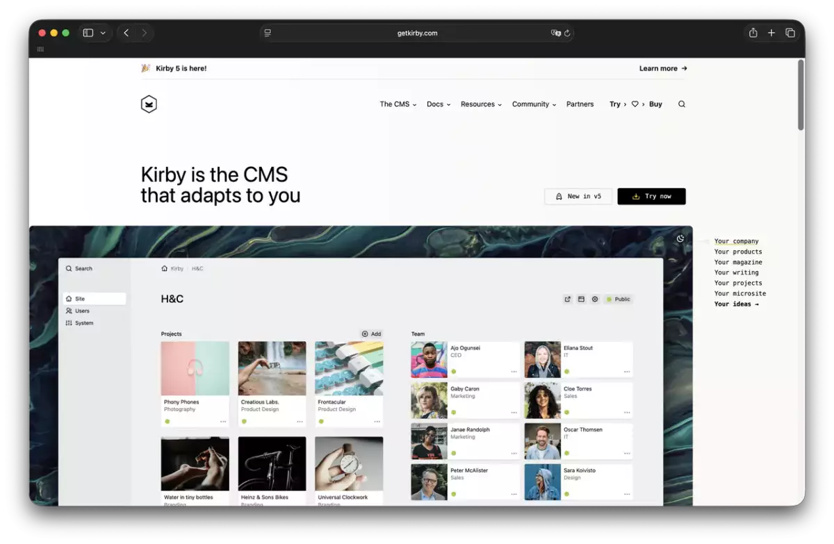 Screenshot der Produktwebseite zu Kirby CMS.