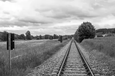 Schwarz-Weiß Aufnahme; zeigt eine Landschaft mit Weisen, Sträuchern und kleinen Bäumen, einem bewölkten Himmeldurch und einem von unten bis zur Bildmitte verlaufendem Eisenbahngleis.
