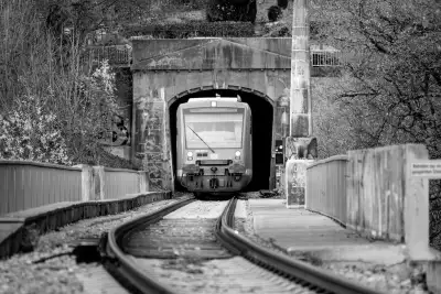 Schwarz-Weiß Aufnahme; zeigt ein aus einem Tunnel fahrende Eisenbahn; den sogenannten "Ammertal-Expres".