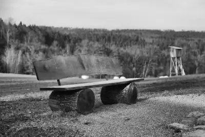 Schwarz-Weiß Aufnahme; zeigt eine massiv gebaute Holzbank, die am Rande eines Wandertreffspunkts aufgestellt wurde - Im Hintergrund ist ein Ansitz an einem Waldrand zu sehen.