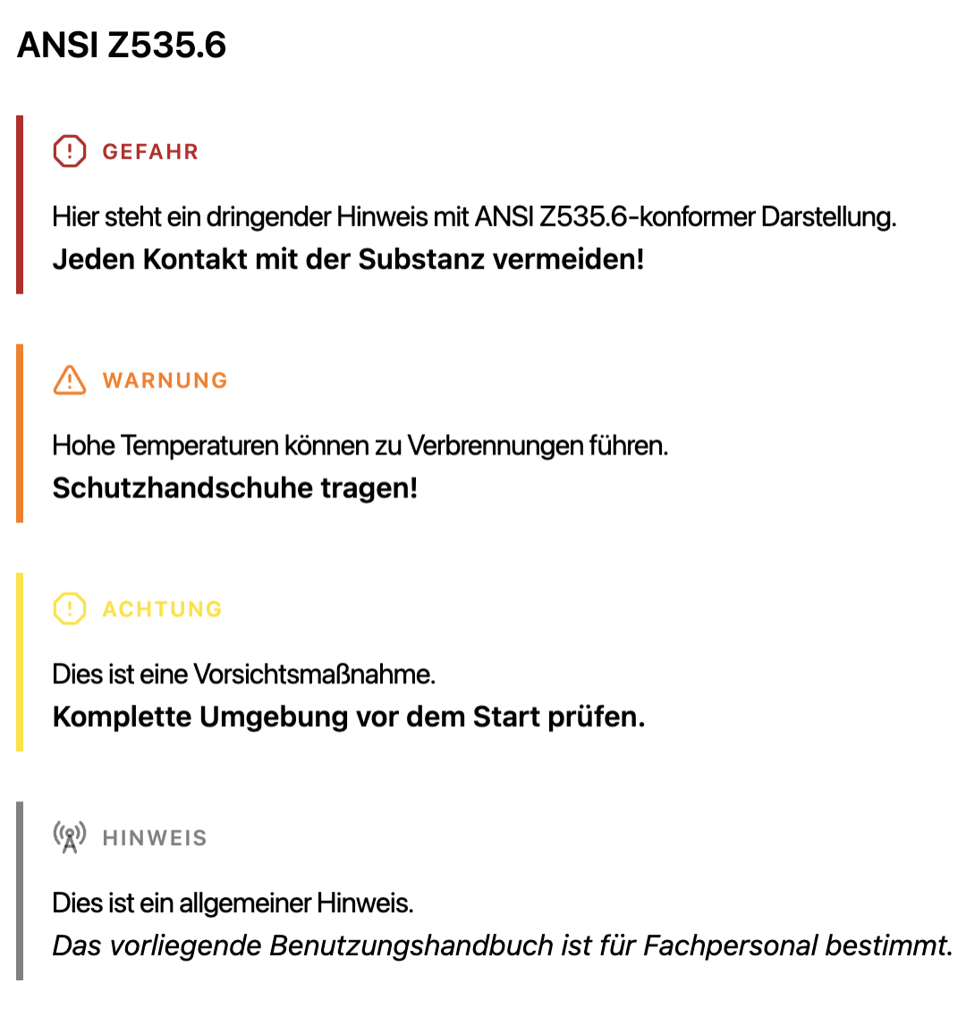 Screenshot, Auszug. Erster Entwurf zu Warnmeldungen nach ANSI Z535.6 in einem HTML-Dokument