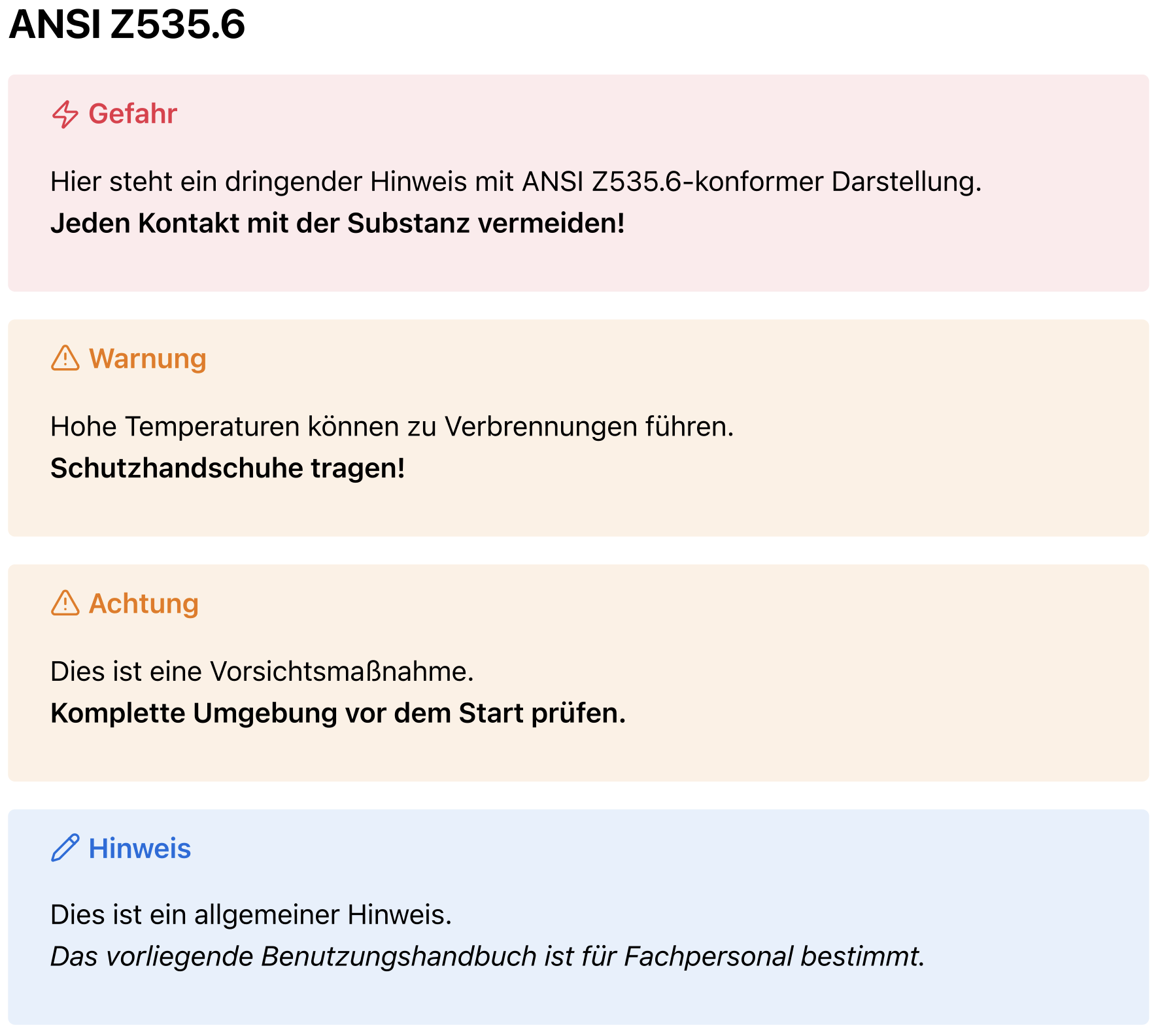 Screenshot, Auszug. Erster Entwurf zu Warnmeldungen nach ANSI Z535.6 in einem PDF-Dokument