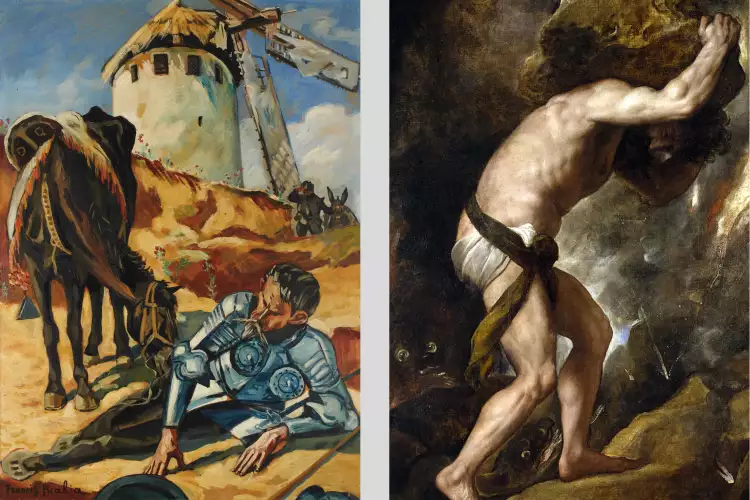 Collage - Links: Francis Picabia, Don Quichotte, 1941 - Rechts: Tizian, (Punishment) Sisyphus, 1548/1549